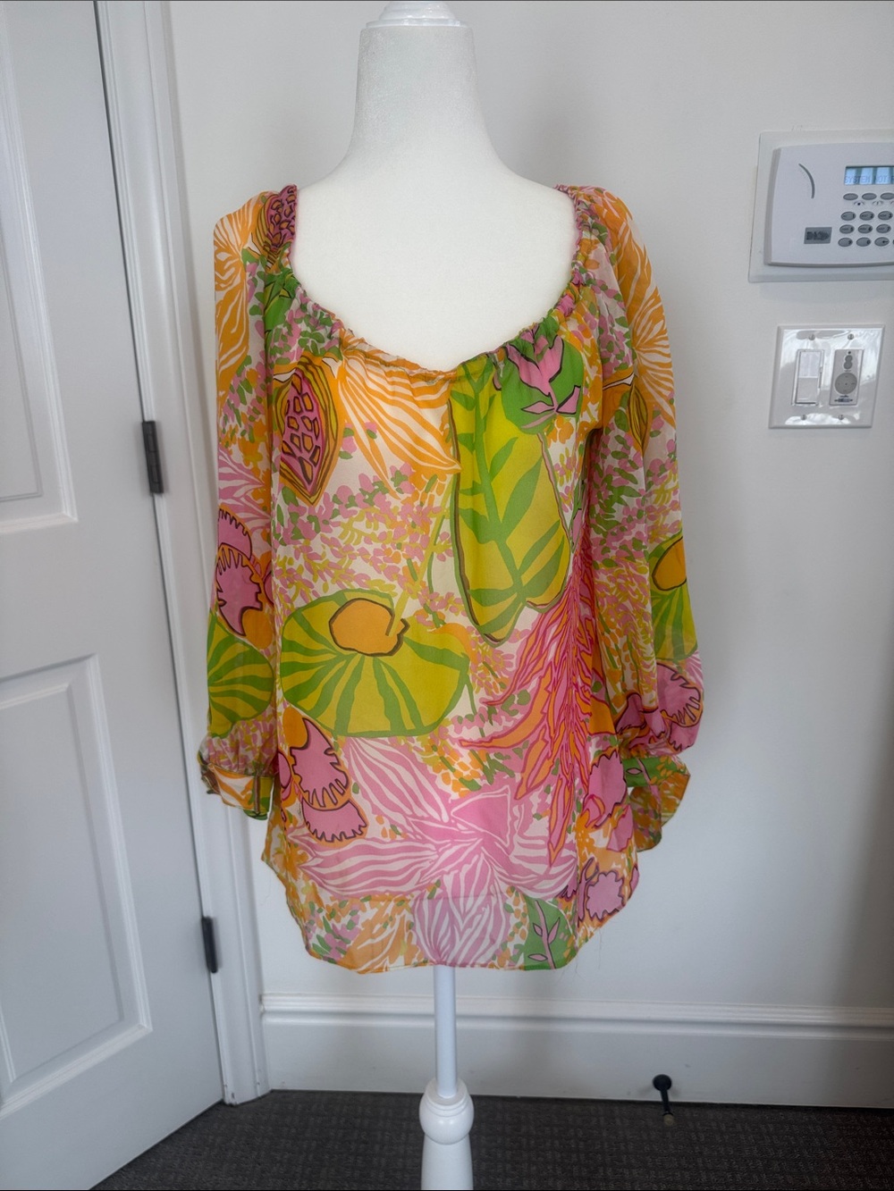 Trina Turk Pink, Green & Orange Floral Peasant Blouse